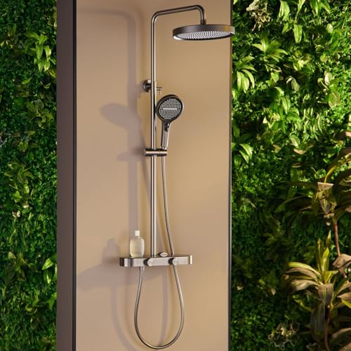 BiaoTeng Duschset Rund mit Armatur Duschsystem mit Wasserfall Rund 4 Strahlarten Warm und Kalt Duschstange mit Regendusche Und Handbrause Grau von BiaoTeng