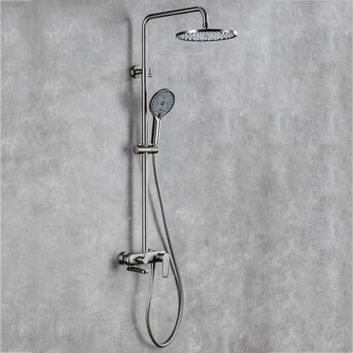 BiaoTeng Duschsystem mit Armatur Grau Duschgarnitur mit Regendusche Rund 360° Drehbar 3 Strahlarten Warm und Kalt überkopfbrause Set Messing von BiaoTeng