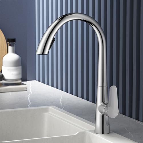 BiaoTeng Küchenarmaturen mit Brause Ausziehbar 2 Modus 360° Drehbar Kalt und Warm Messing Küchenwasserhahn Ausziehbar Silber von BiaoTeng