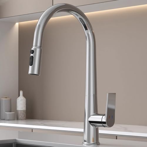 BiaoTeng Küchenarmaturen mit Brause Ausziehbar 3 Modus Kalt und Warm Einhebelmischer Messing Wasserhahn FüR Küche mit Brause Silber BiaoTeng Küchenarmaturen mit Brause Ausziehbar 3 Modus Kalt und Warm Einhebelmischer Messing Wasserhahn FüR Küche mit Brause Silber von BiaoTeng