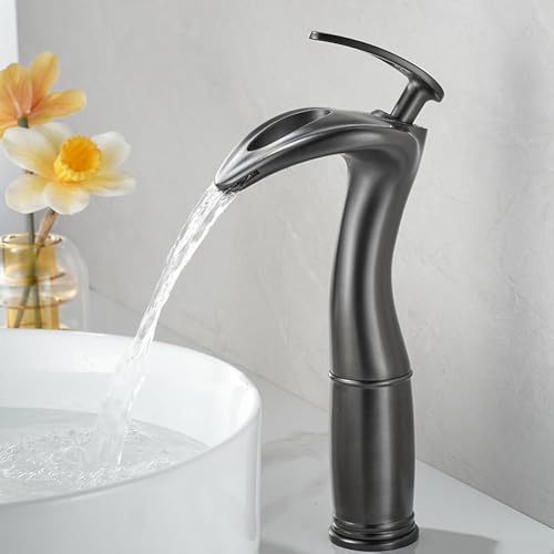 BiaoTeng Mischbatterie Waschbecken Wasserfall Hoch Einhebelmischer Warm und Kalt Armatur Aufsatzwaschbecken für Badezimmer Grau von BiaoTeng
