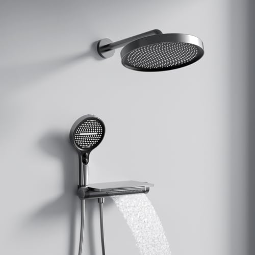BiaoTeng Regendusche Unterputz Komplett Set Wandmontage 3 Modus mit Handbrause Warm und Kalt Wasserfall Messing Duschgarnitur Grau BiaoTeng Regendusche Unterputz Komplett Set Wandmontage 3 Modus mit Handbrause Warm und Kalt Wasserfall Messing Duschgarnitur Grau von BiaoTeng