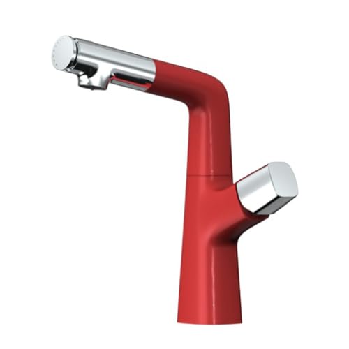 BiaoTeng Waschbecken Armaturen Ausziehbar Bad 3 Modus Warm und Kalt Messing Badezimmer Wasserhahn mit Ausziehbarer Brause Rot + Silber von BiaoTeng