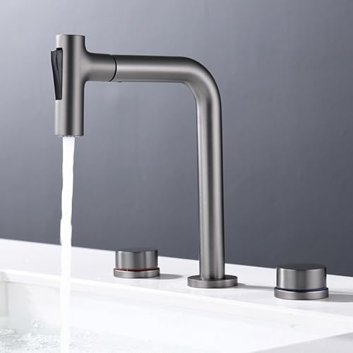 BiaoTeng Waschbeckenarmatur mit Ausziehbarer Brause 2 Modus 360° Drehbar Warm und Kalt Wasserhahn Bad 3 Loch Messing Grau von BiaoTeng
