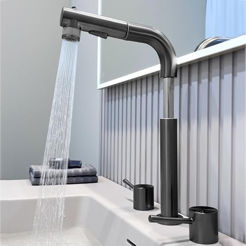 BiaoTeng Waschtischarmatur 3 Loch Waschbecken Armaturen Ausziehbar Bad 3 Modus 360° Drehbar Warm und Kalt Wasserhahn Bad Messing Grau von BiaoTeng
