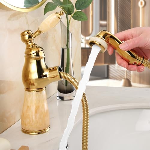 BiaoTeng Waschtischarmatur Ausziehbar mit Brause 360° Drehbar Warm und Kalt Messing Armatur Waschbecken Bad mit Ausziehbarer Brause Gold BiaoTeng Waschtischarmatur Ausziehbar mit Brause 360° Drehbar Warm und Kalt Messing Armatur Waschbecken Bad mit Ausziehbarer Brause Gold von BiaoTeng