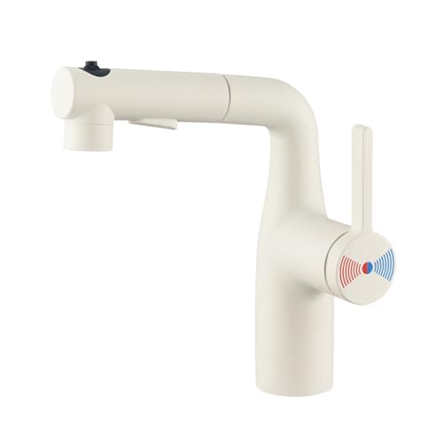 BiaoTeng Waschtischarmatur mit Ausziehbarer Brause Warm und Kalt Messing Wasserhahn Bad mit Brause Ausziehbar Waschbecken Milch Weiß von BiaoTeng