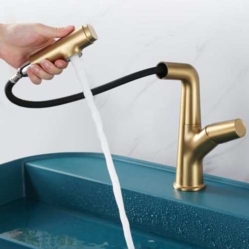 BiaoTeng Waschtischarmatur mit Herausziehbarer Brause Bad 2 Modus Warm und Kalt 360° Drehbar Messing Badezimmer Armaturen Ausziehbar Gold Gebürstet BiaoTeng Waschtischarmatur mit Herausziehbarer Brause Bad 2 Modus Warm und Kalt 360° Drehbar Messing Badezimmer Armaturen Ausziehbar Gold Gebürstet von BiaoTeng