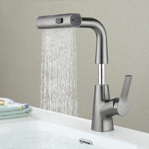 BiaoTeng Wasserhahn Bad mit Brause Ausziehbar Waschbecken 3 Modus 360° Drehbar Warm und Kalt Messing Waschtischarmatur Wasserfall Grau von BiaoTeng