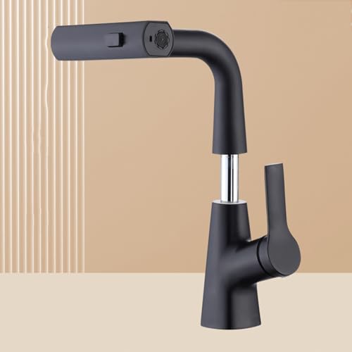 BiaoTeng Wasserhahn Bad mit Brause Ausziehbar Waschbecken 3 Modus 360° Drehbar Warm und Kalt Messing Waschtischarmatur Wasserfall Schwarz von BiaoTeng