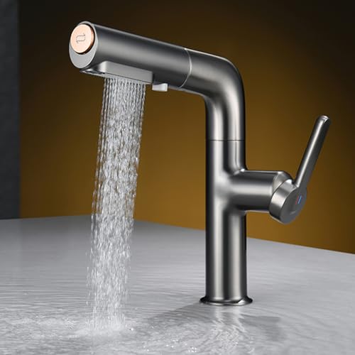 BiaoTeng Wasserhahn Bad mit Brause Ausziehbar Waschbecken 3 Strahlarten Warm und Kalt Messing 360° Drehbar Waschtischarmatur mit Ausziehbarer Brause Grau von BiaoTeng