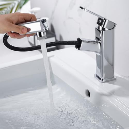 BiaoTeng Wasserhahn Bad mit Brause Ausziehbar Waschbecken Warm und Kalt Messing Waschtisch Armatur mit Ausziehbarer Brause Badezimmer Chrom von BiaoTeng