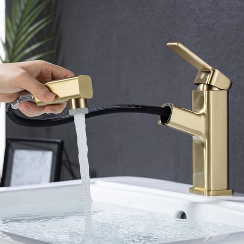 BiaoTeng Wasserhahn Bad mit Brause Ausziehbar Waschbecken Warm und Kalt Messing Waschtisch Armatur mit Ausziehbarer Brause Badezimmer Gold Gebürstet von BiaoTeng
