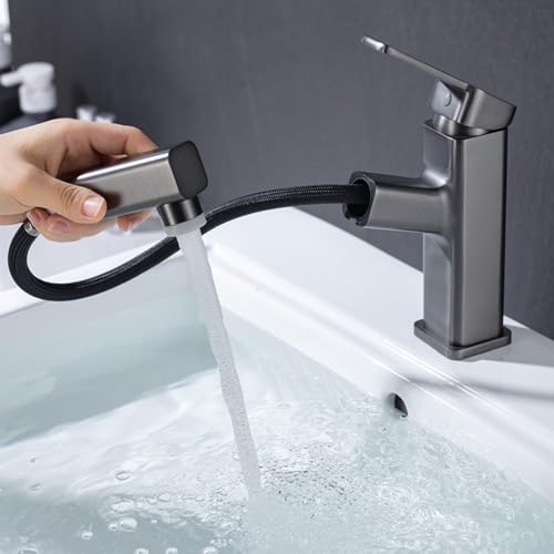 BiaoTeng Wasserhahn Bad mit Brause Ausziehbar Waschbecken Warm und Kalt Messing Waschtisch Armatur mit Ausziehbarer Brause Badezimmer Grau von BiaoTeng