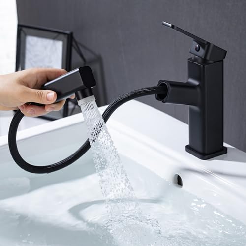 BiaoTeng Wasserhahn Bad mit Brause Ausziehbar Waschbecken Warm und Kalt Messing Waschtisch Armatur mit Ausziehbarer Brause Badezimmer Schwarz von BiaoTeng