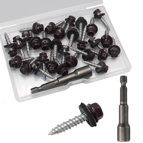 Biaungdo Metall-Dachschrauben #10 × 2,5 cm, Sechskantkopf-Blech-Dachschrauben mit EPDM-Unterlegscheiben mit 8 mm Innensechskant, selbststartende Metall-zu-Holz-Seitenschrauben, Braun, 30 Stück von Biaungdo