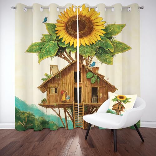 Biauyaii Abstrakte Architektur Sonnenblume Vorhang Verdunkelung H200 x B140 cm 2er Pack Karikatur Kunst Vorhänge Blickdicht für Balkontür Schlafzimmer mit Ösen Gardinen Thermovorhang Türvorhang von Biauyaii