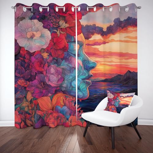 Biauyaii Abstrakte Gesicht Nahaufnahme Gardinen Blickdicht Thermovorhang Kälteschutz Kunst Porträt Blumen Vorhänge Verdunklungs Wohnzimmer 245x140 cm (2er Pack) Gardinen Mit Ösen Schallschutz Vorhang von Biauyaii