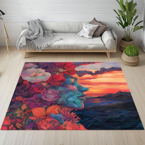 Biauyaii Abstrakte Gesicht Nahaufnahme Teppich Wohnzimmer Weicher rutschfest 160 x 230 cm Kunst Porträt Blumen Carpet Waschbarer Kurzflor Flanell Rug für Schlafzimmer kinderteppich Bettvorleger Küche von Biauyaii