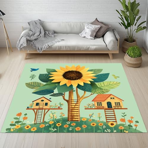 Biauyaii Abstrakte Sonnenblume Teppich Wohnzimmer Weicher rutschfest 160 x 230 cm Karikatur Architektur Kunst Carpet Waschbarer Kurzflor Flanell Rug für Schlafzimmer kinderteppich Bettvorleger Küche von Biauyaii