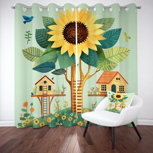 Biauyaii Abstrakte Sonnenblume Vorhang Verdunkelung H200 x B140 cm 2er Pack Karikatur Architektur Kunst Vorhänge Blickdicht für Balkontür Schlafzimmer mit Ösen Gardinen Thermovorhang Türvorhang von Biauyaii