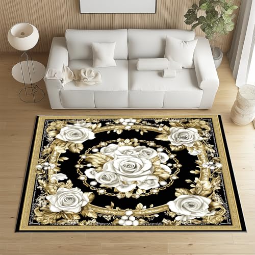 Biauyaii Abstrakte Stieg Weiß Teppich Kinderzimmer Waschbarer rutschfest Rug Vintage Blatt Gold Teppich Weiche Kurzflor 100 x 160 cm Carpet für Wohnzimmer Schlafzimmer Bürostuhl Küche von Biauyaii