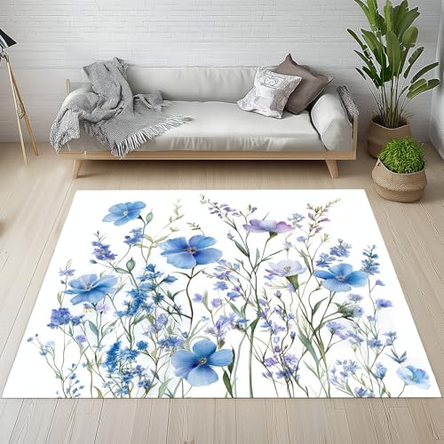 Biauyaii Aquarell Blumen Teppich Wohnzimmer Weicher rutschfest 120 x 170 cm Gradient Blühen Blumenmuster Carpet Waschbarer Kurzflor Flanell Rug für Schlafzimmer kinderteppich Bettvorleger Küche von Biauyaii