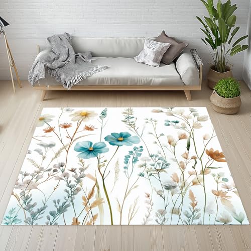 Biauyaii Aquarell Blumen Teppich Wohnzimmer Weicher rutschfest 140 x 200 cm Blühen Blumenmuster Carpet Waschbarer Kurzflor Flanell Rug für Schlafzimmer kinderteppich Bettvorleger Küche von Biauyaii