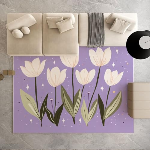 Biauyaii Aquarell Tulpe Blumen Teppich Kinderzimmer Waschbarer rutschfest Rug Blumenmuster Teppich Weiche Kurzflor 80 x 150 cm Carpet für Wohnzimmer Schlafzimmer Bürostuhl Küche von Biauyaii