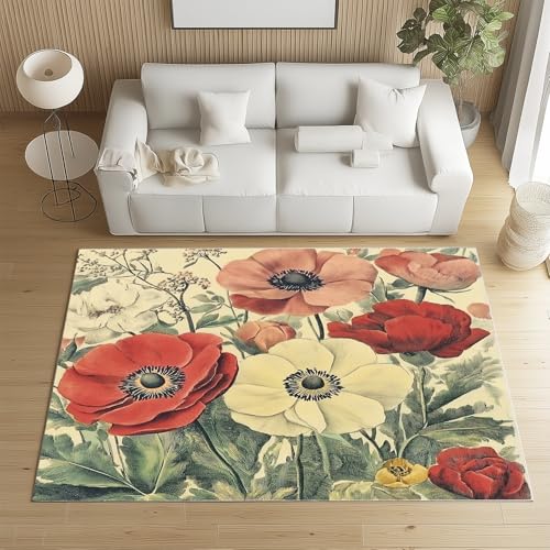 Biauyaii Blühen Anemone Blumen Teppich Kinderzimmer Waschbarer rutschfest Rug Bunt Blumenmuster Teppich Weiche Kurzflor 100 x 160 cm Carpet für Wohnzimmer Schlafzimmer Bürostuhl Küche von Biauyaii