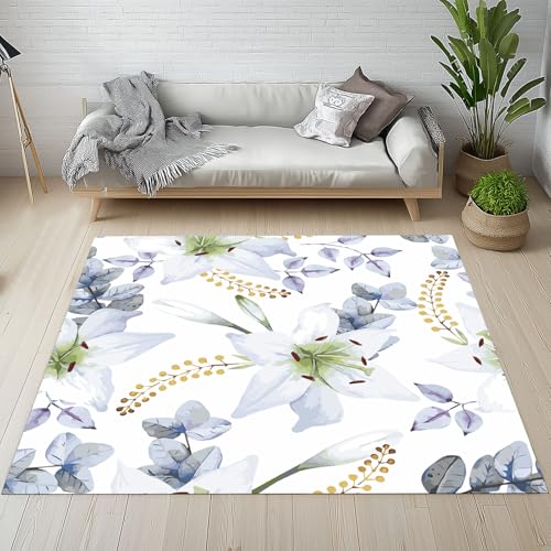 Biauyaii Blühen Lilie Blumen Teppich Schlafzimmer 240 x 340 cm Aquarell Blumenmuster Teppiche rutschfest Waschbarer RugCarpet Weiche Kurzflor für Küche Esszimmer Kinderzimmer von Biauyaii