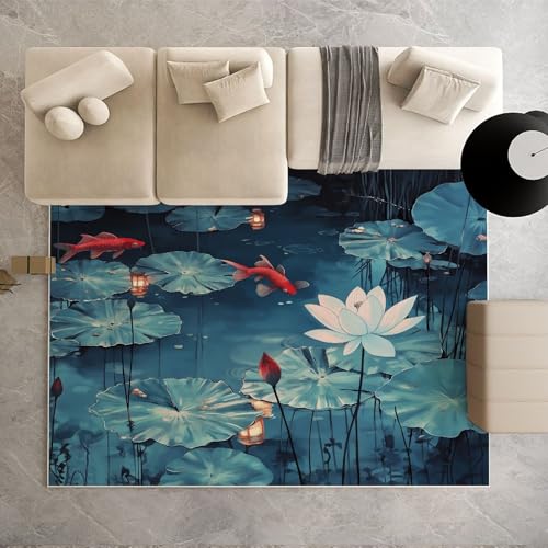 Biauyaii Blühen Lotus Karpfen Teppich Schlafzimmer 180 x 270 cm Orientalisch Teppiche rutschfest Waschbarer RugCarpet Weiche Kurzflor für Küche Esszimmer Kinderzimmer von Biauyaii