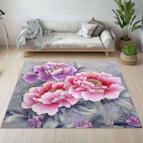 Biauyaii Blühen Pfingstrose Teppich Wohnzimmer Weicher rutschfest 160 x 230 cm Orientalisch Blumen Carpet Waschbarer Kurzflor Flanell Rug für Schlafzimmer kinderteppich Bettvorleger Küche von Biauyaii