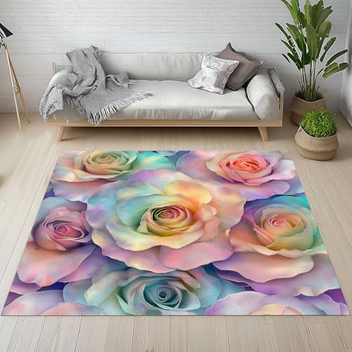 Biauyaii Blühen Stieg Blumen Teppich Schlafzimmer 180 x 270 cm Bunt Ölgemälde Blumenmuster Teppiche rutschfest Waschbarer RugCarpet Weiche Kurzflor für Küche Esszimmer Kinderzimmer von Biauyaii
