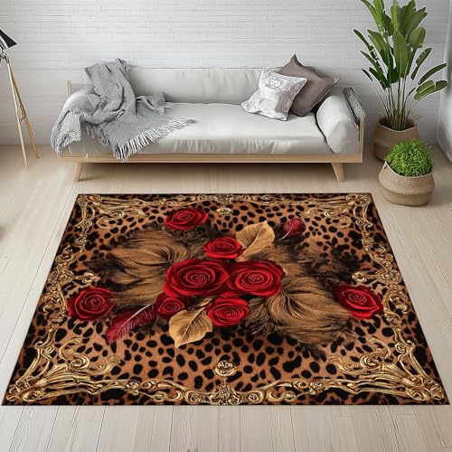 Biauyaii Blühen Stieg Blumen Teppich Wohnzimmer Weicher rutschfest 140 x 200 cm Vintage Leopardenmuster Carpet Waschbarer Kurzflor Flanell Rug für Schlafzimmer kinderteppich Bettvorleger Küche von Biauyaii