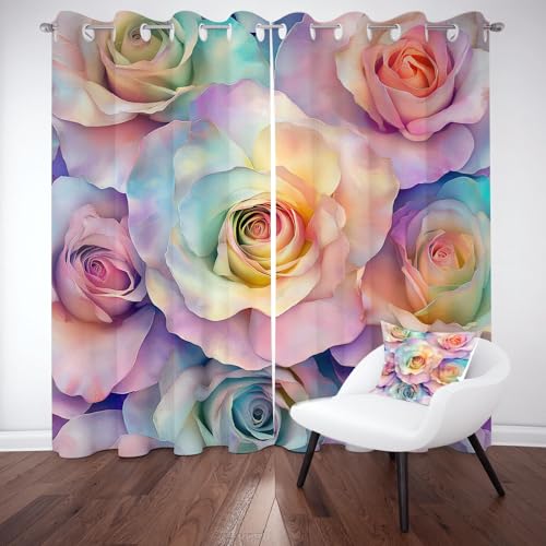 Biauyaii Blühen Stieg Blumen Vorhänge Blickdicht Hitzeschutz Bunt Ölgemälde Blumenmuster Gardinen Thermovorhang mit Ösen 145x140 cm (2er Pack) Verdunklungsvorhänge Wohnzimmer Schlafzimmer von Biauyaii