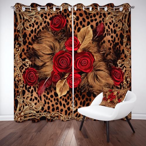 Biauyaii Blühen Stieg Blumen Vorhang mit Verdunkelung H210 x B132 cm 2er Pack Vintage Leopardenmuster Vorhänge Blickdicht für Küche Balkontür Schlafzimmer Gardinen Hitzeschutz Türvorhang mit Ösen von Biauyaii