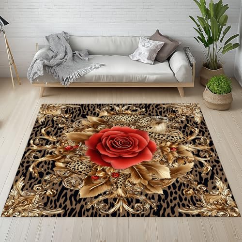 Biauyaii Blühen Stieg Blumenmuster Teppich Wohnzimmer Weicher rutschfest 140 x 200 cm Abstrakte Leopard Carpet Waschbarer Kurzflor Flanell Rug für Schlafzimmer kinderteppich Bettvorleger Küche von Biauyaii