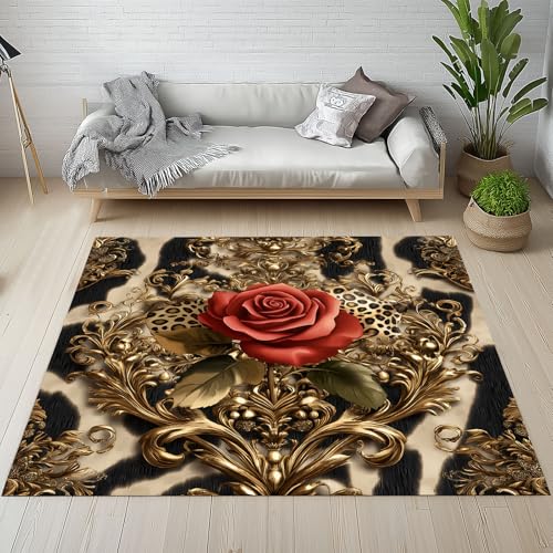 Biauyaii Blühen Stieg Pflanze Teppich Wohnzimmer Weicher rutschfest 140 x 200 cm Abstrakte Leopardenmuster Carpet Waschbarer Kurzflor Flanell Rug für Schlafzimmer kinderteppich Bettvorleger Küche von Biauyaii