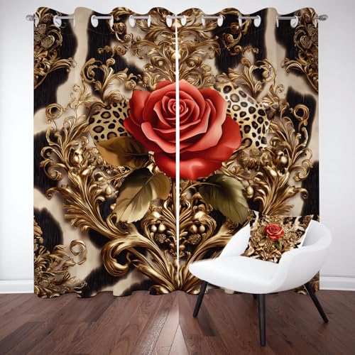 Biauyaii Blühen Stieg Pflanze Vorhänge Verdunkelung Hitzeschutz Abstrakte Leopardenmuster Gardinen Thermovorhang mit Ösen 137x117 cm (2er Pack) Vorhänge Blickdicht Wohnzimmer Schlafzimmer von Biauyaii