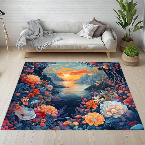 Biauyaii Blumen Landschaftsmalerei Teppich Schlafzimmer 180 x 270 cm Sonnenuntergang Teppiche rutschfest Waschbarer RugCarpet Weiche Kurzflor für Küche Esszimmer Kinderzimmer von Biauyaii