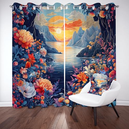 Biauyaii Blumen Landschaftsmalerei Vorhang Blickdicht Thermovorhang Kälteschutz Sonnenuntergang Vorhänge Verdunklungs Wohnzimmer 225x140 cm (2er Pack) Ösenvorhang Schallschutz für Schlafzimmer von Biauyaii