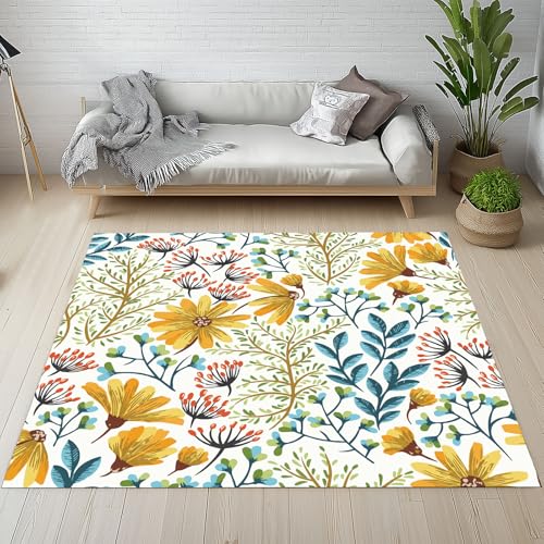 Biauyaii Bunt Aquarell Blumen Teppich Wohnzimmer Weicher rutschfest 140 x 200 cm Vintage Blumenmuster Carpet Waschbarer Kurzflor Flanell Rug für Schlafzimmer kinderteppich Bettvorleger Küche von Biauyaii
