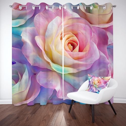 Biauyaii Bunt Blühen Stieg Vorhang Blackout mit Ösen Ölgemälde Blumenmuster Gardinen Blickdicht Wohnzimmer Schlafzimmer Vorhänge Thermovorhang Fenster Verdunkelung H280 x B175 cm (2er Pack) von Biauyaii