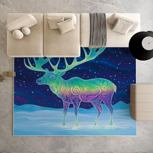 Biauyaii Bunt Fantasie Elch Teppich Wohnzimmer Weicher rutschfest 140 x 200 cm Winter Meer Carpet Waschbarer Kurzflor Flanell Rug für Schlafzimmer kinderteppich Bettvorleger Küche von Biauyaii