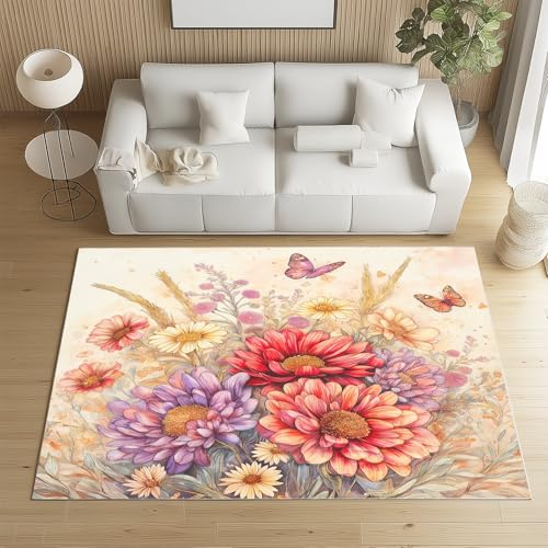 Biauyaii Bunten Chrysantheme Blumen Teppich Kinderzimmer Waschbarer rutschfest Rug Schmetterling Teppich Weiche Kurzflor 80 x 150 cm Carpet für Wohnzimmer Schlafzimmer Bürostuhl Küche von Biauyaii