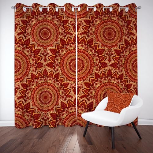 Biauyaii Ethnischer Stil Vorhänge Verdunkelung Hitzeschutz Mandala Blumen Druckmuster Gardinen Thermovorhang mit Ösen 137x117 cm (2er Pack) Vorhänge Blickdicht Wohnzimmer Schlafzimmer von Biauyaii