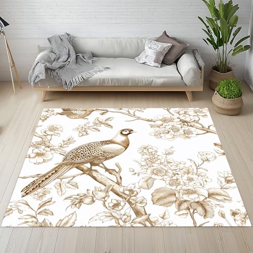 Biauyaii Fasan Filialen Blumen Teppich Wohnzimmer Weicher rutschfest 120 x 170 cm Pastoral Handgezeichnet Carpet Waschbarer Kurzflor Flanell Rug für Schlafzimmer kinderteppich Bettvorleger Küche von Biauyaii