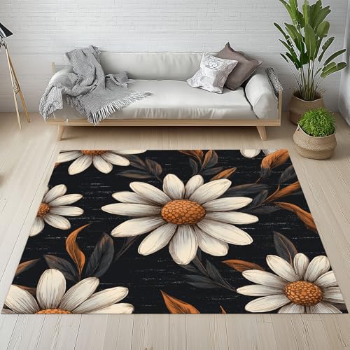 Biauyaii Gänseblümchen Blumen Teppich Kinderzimmer Waschbarer rutschfest Rug Vintage Blumenmuster Teppich Weiche Kurzflor 100 x 160 cm Carpet für Wohnzimmer Schlafzimmer Bürostuhl Küche von Biauyaii