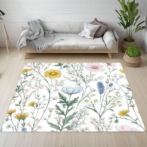 Biauyaii Gänseblümchen Glockenblumen Teppich Wohnzimmer Weicher rutschfest 120 x 170 cm Pastoral Blumen Carpet Waschbarer Kurzflor Flanell Rug für Schlafzimmer kinderteppich Bettvorleger Küche von Biauyaii